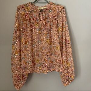 Oasis Women’s Floral Metallic Blouse UK 12 US 8 Pink Long Sleeve Sheer